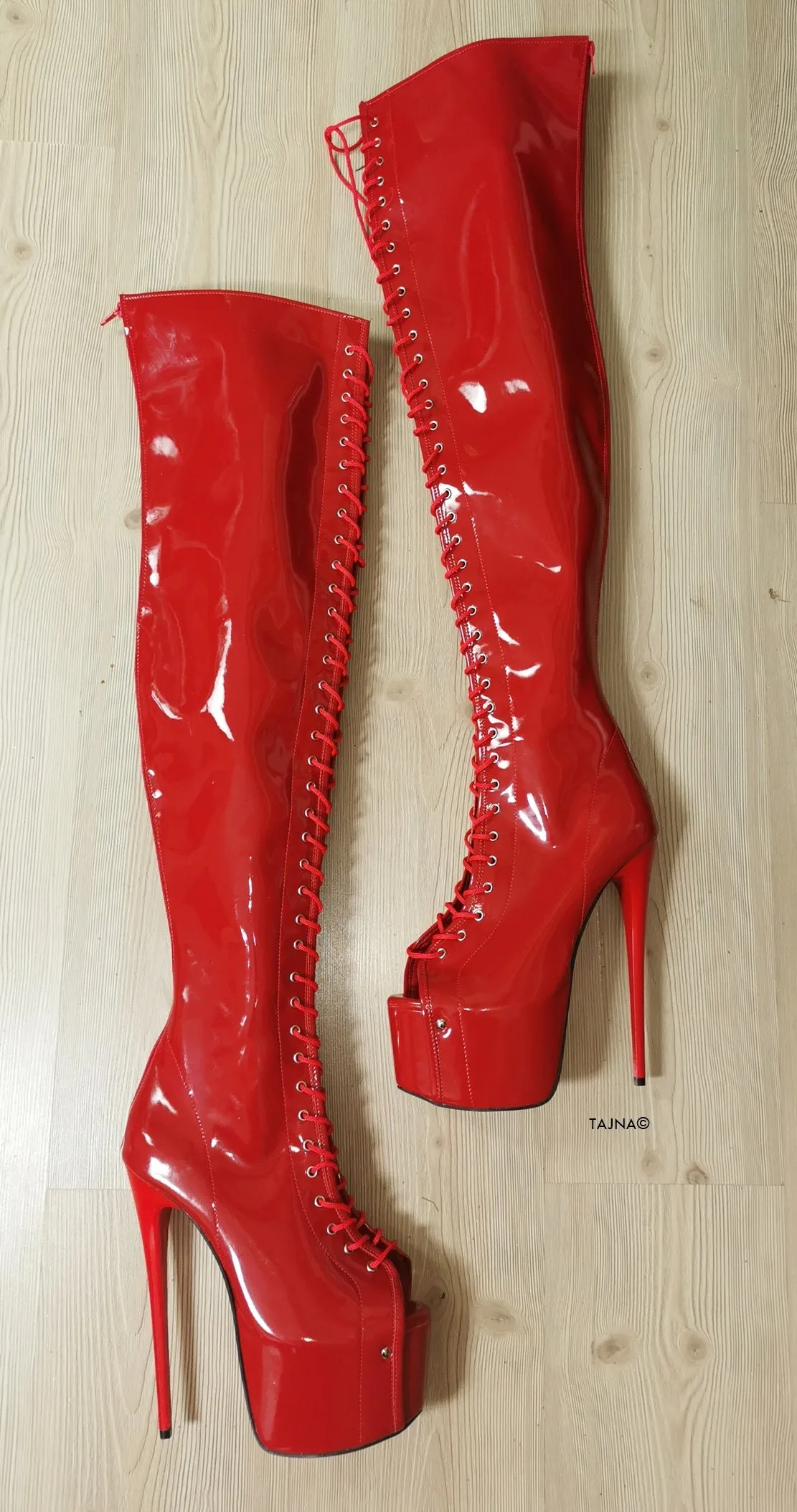 Red Patent Gladiator Lace Up Thigh High Boots