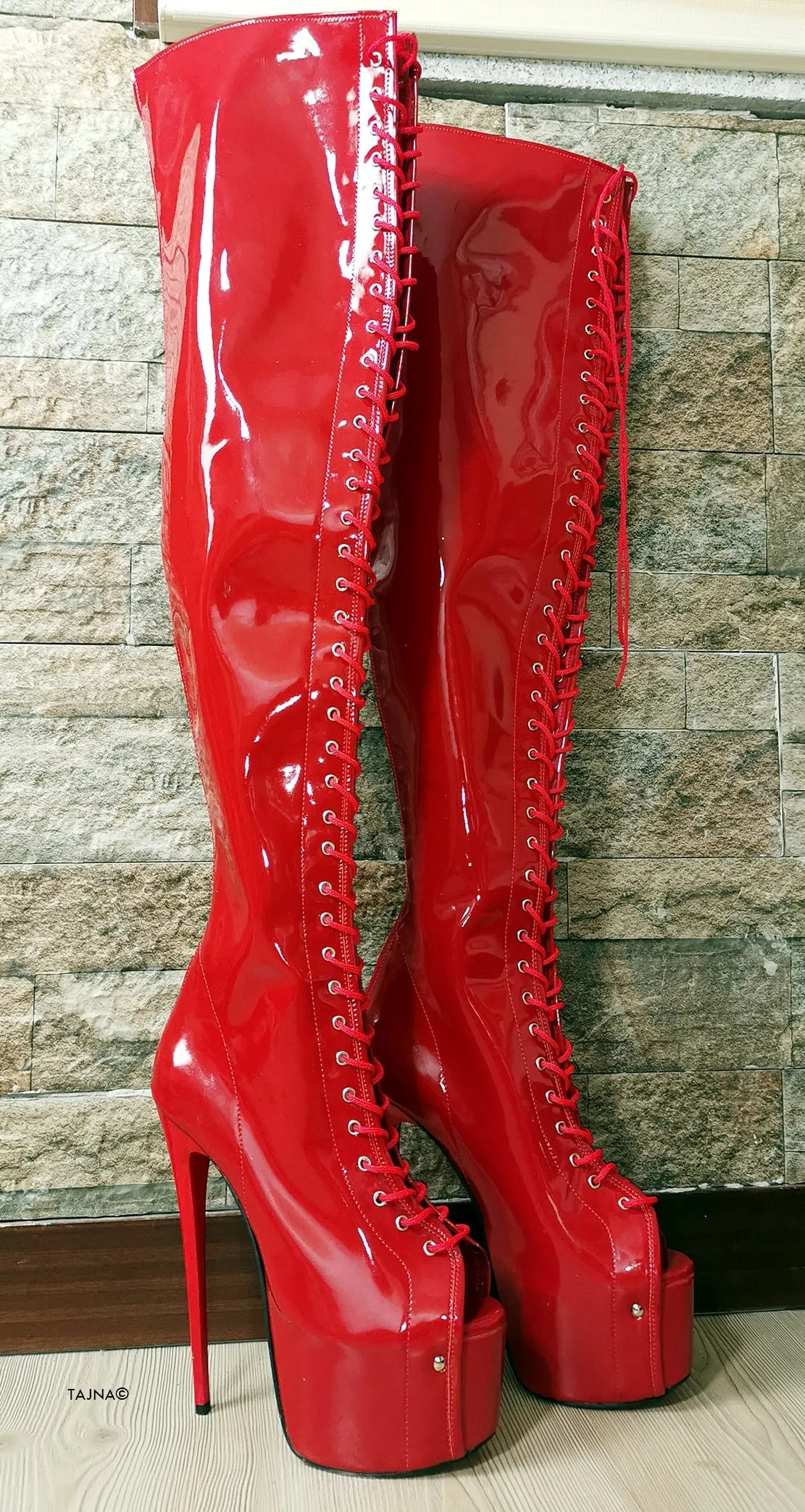 Red Patent Gladiator Lace Up Thigh High Boots