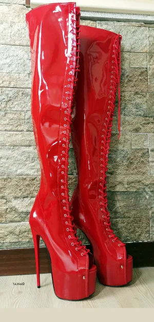 Red Patent Gladiator Lace Up Thigh High Boots