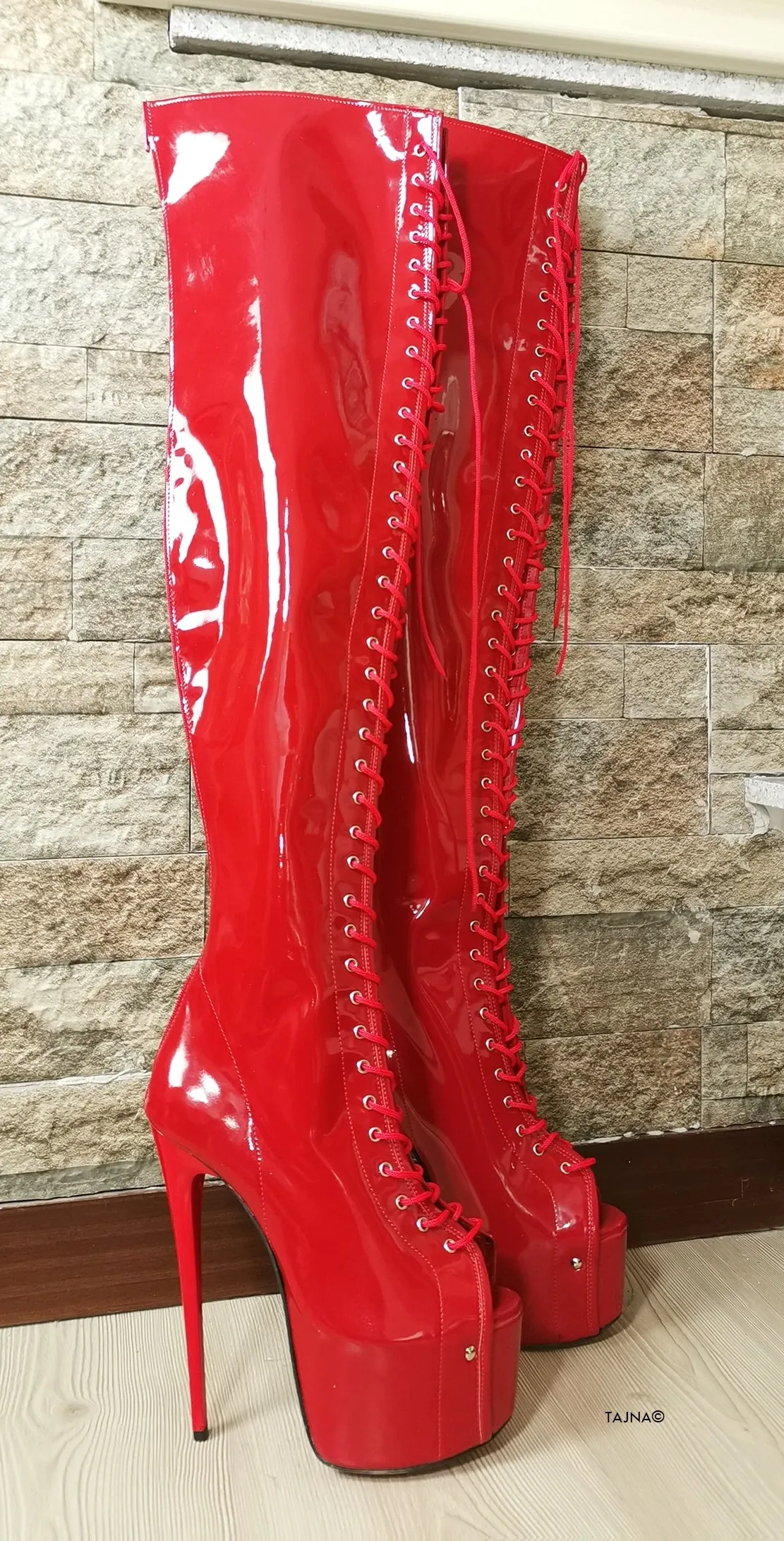 Red Patent Gladiator Lace Up Thigh High Boots