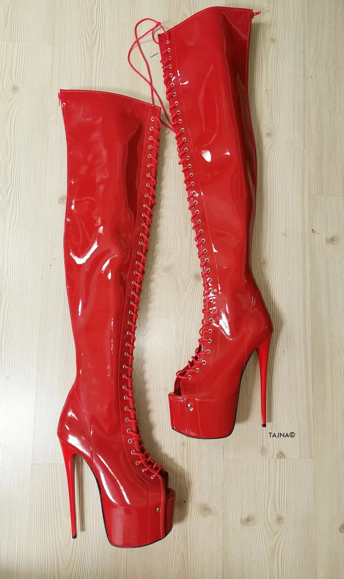 Red Patent Gladiator Lace Up Thigh High Boots