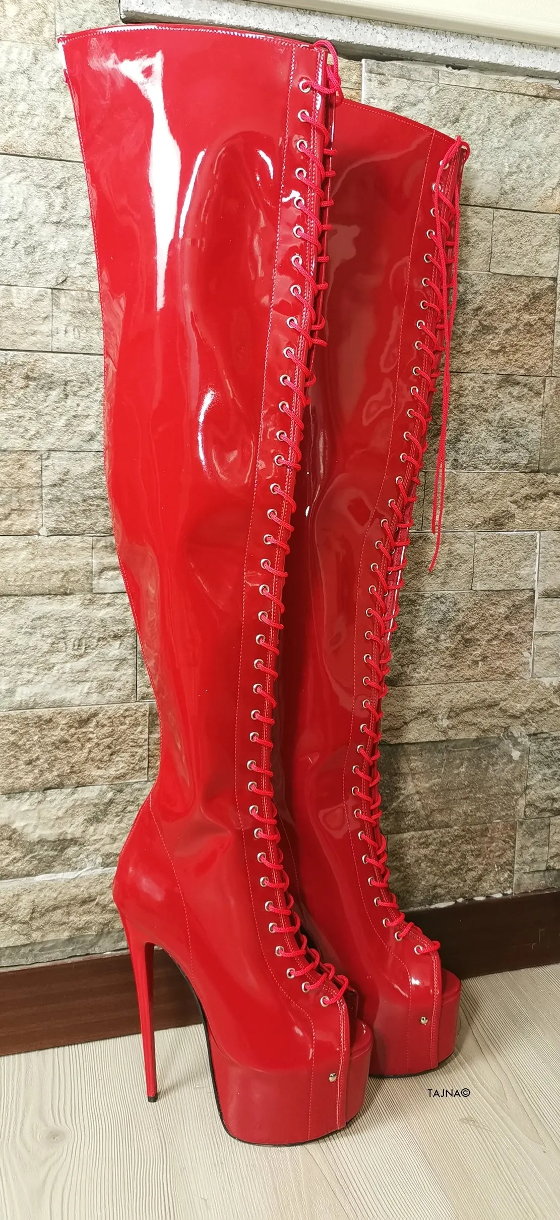 Red Patent Gladiator Lace Up Thigh High Boots