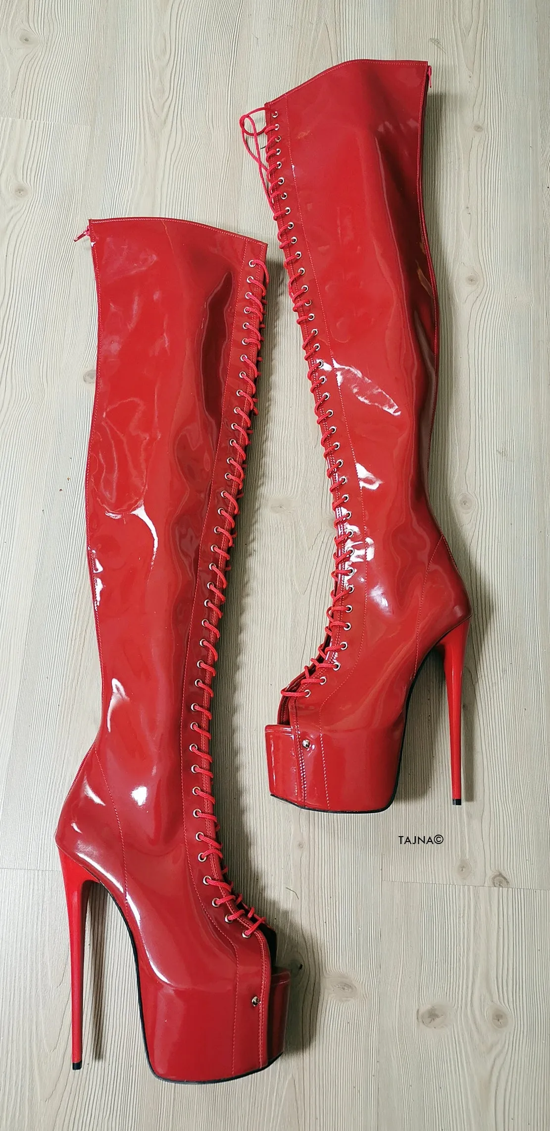 Red Patent Gladiator Lace Up Thigh High Boots