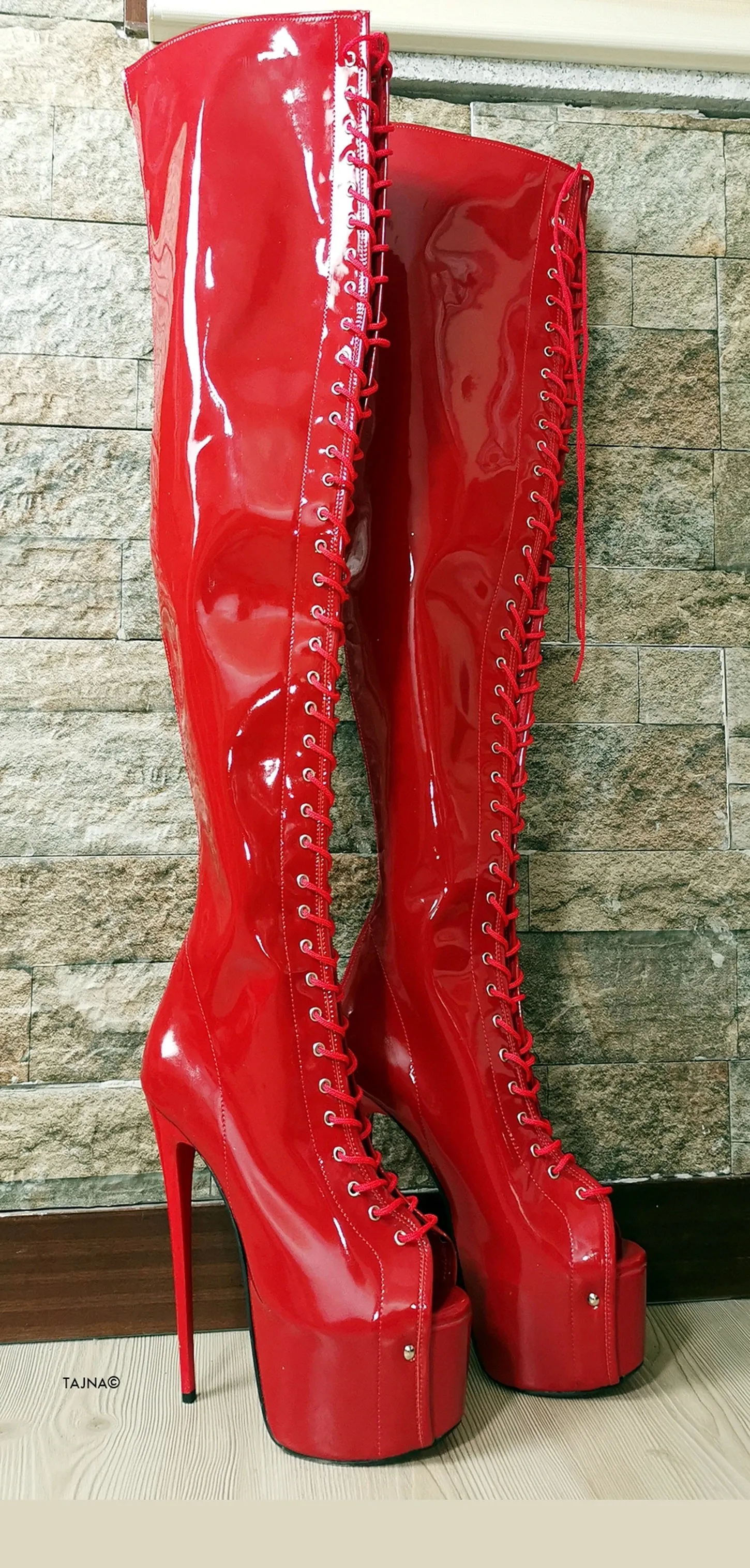 Red Patent Gladiator Lace Up Thigh High Boots