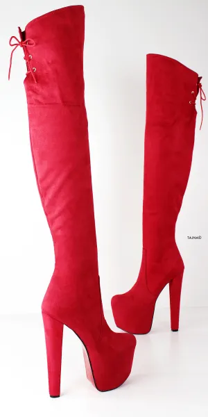 Red Suede Thigh High Chunky Heel Boots