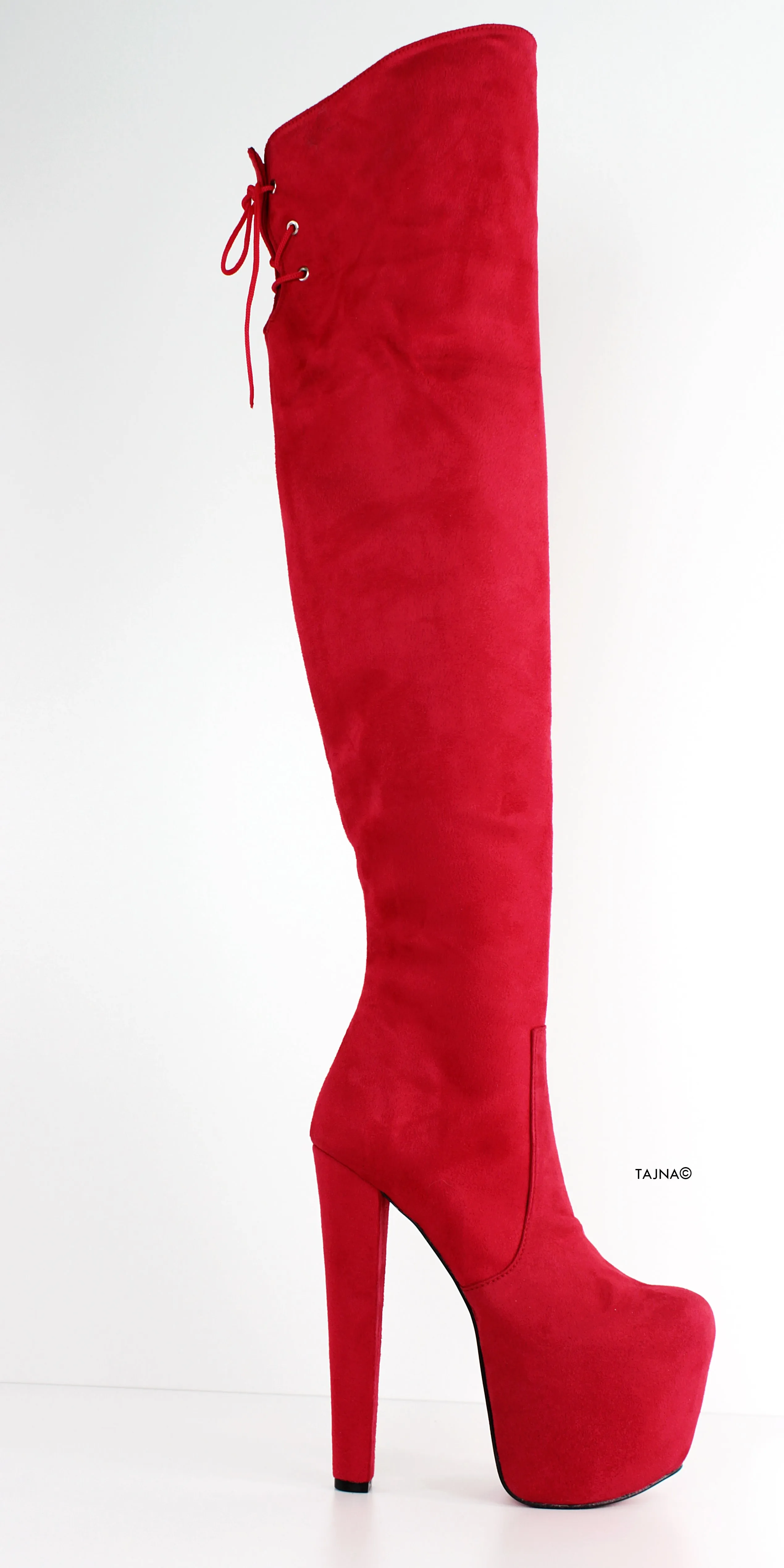 Red Suede Thigh High Chunky Heel Boots