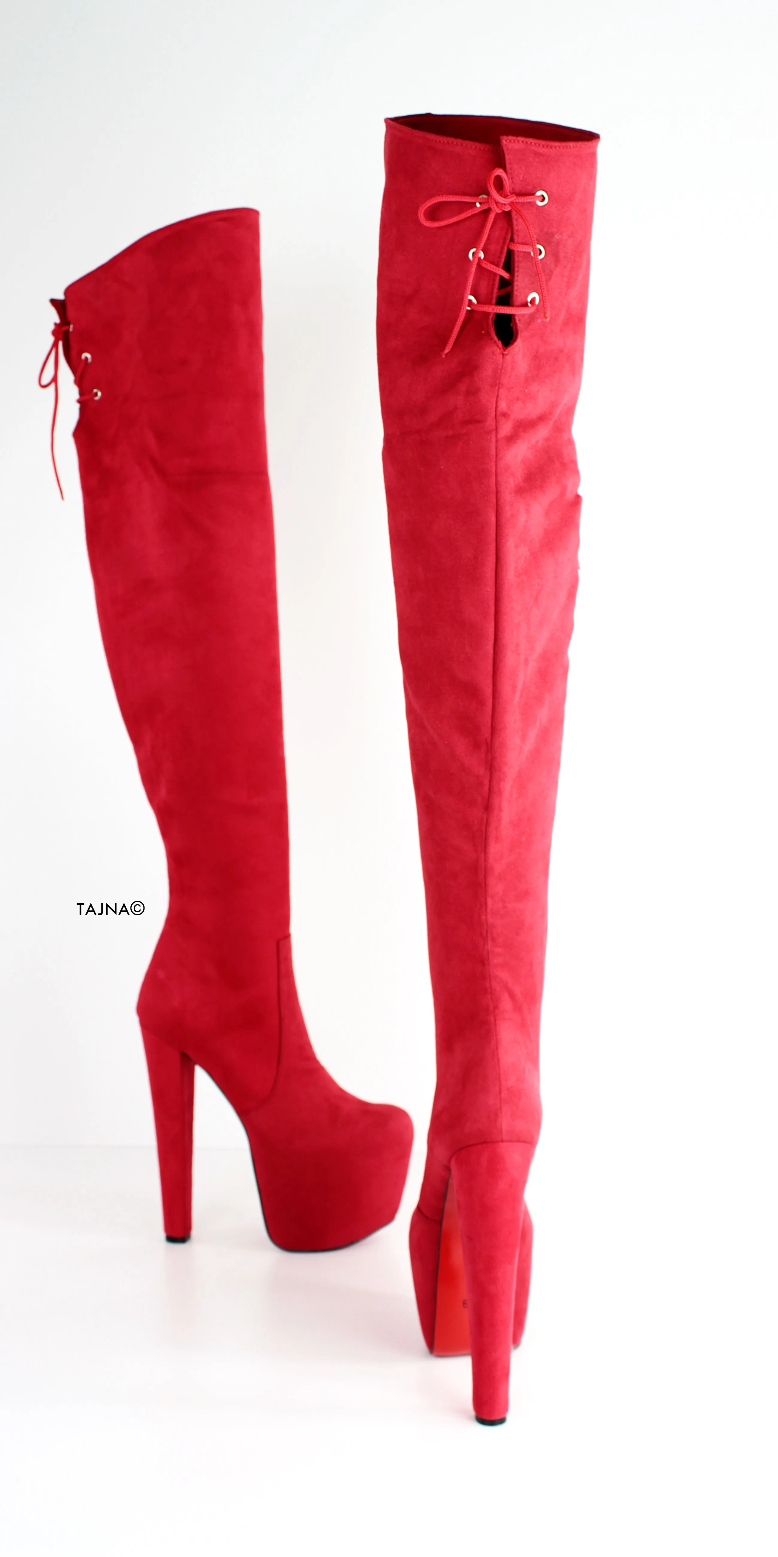 Red Suede Thigh High Chunky Heel Boots