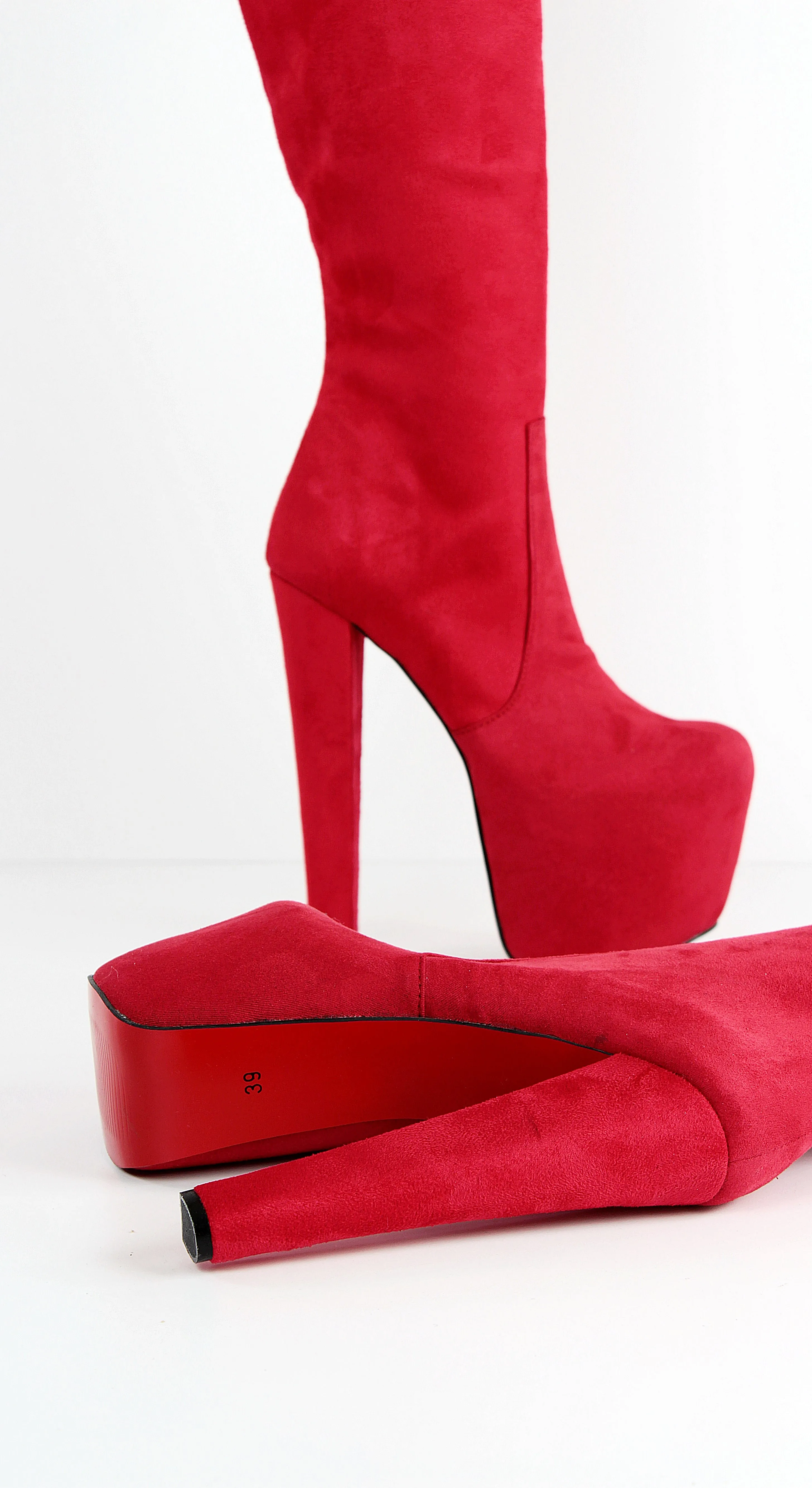 Red Suede Thigh High Chunky Heel Boots