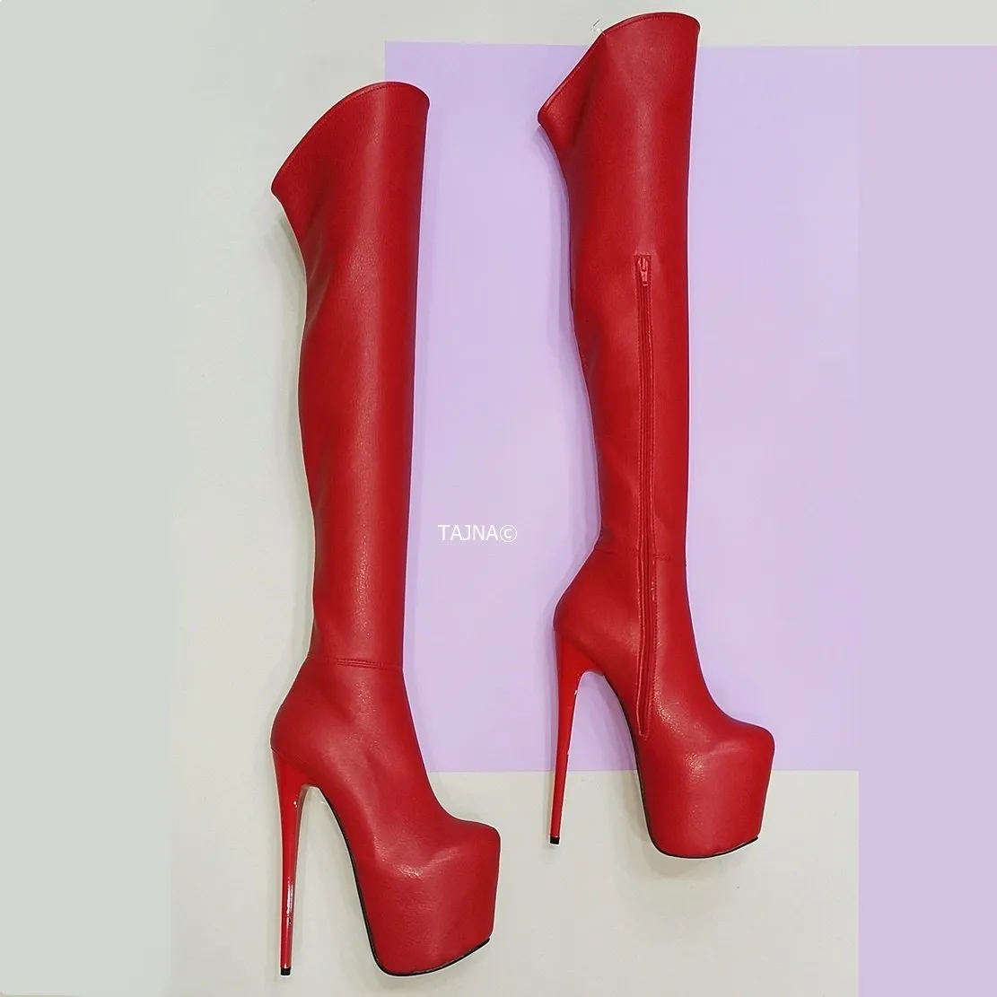 Red Thigh High Thin Heel Boots