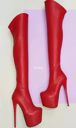 Red Thigh High Thin Heel Boots