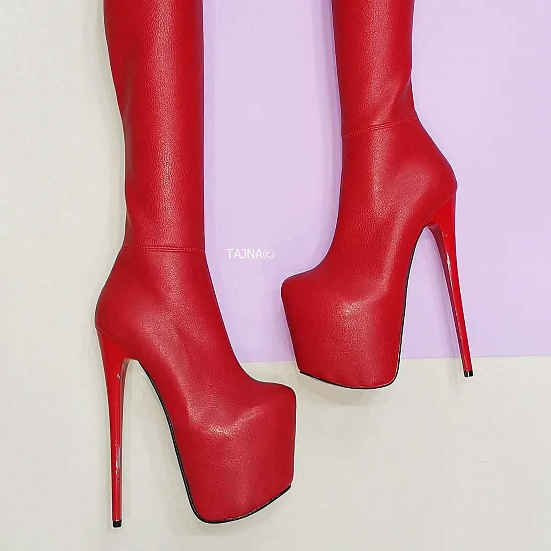 Red Thigh High Thin Heel Boots