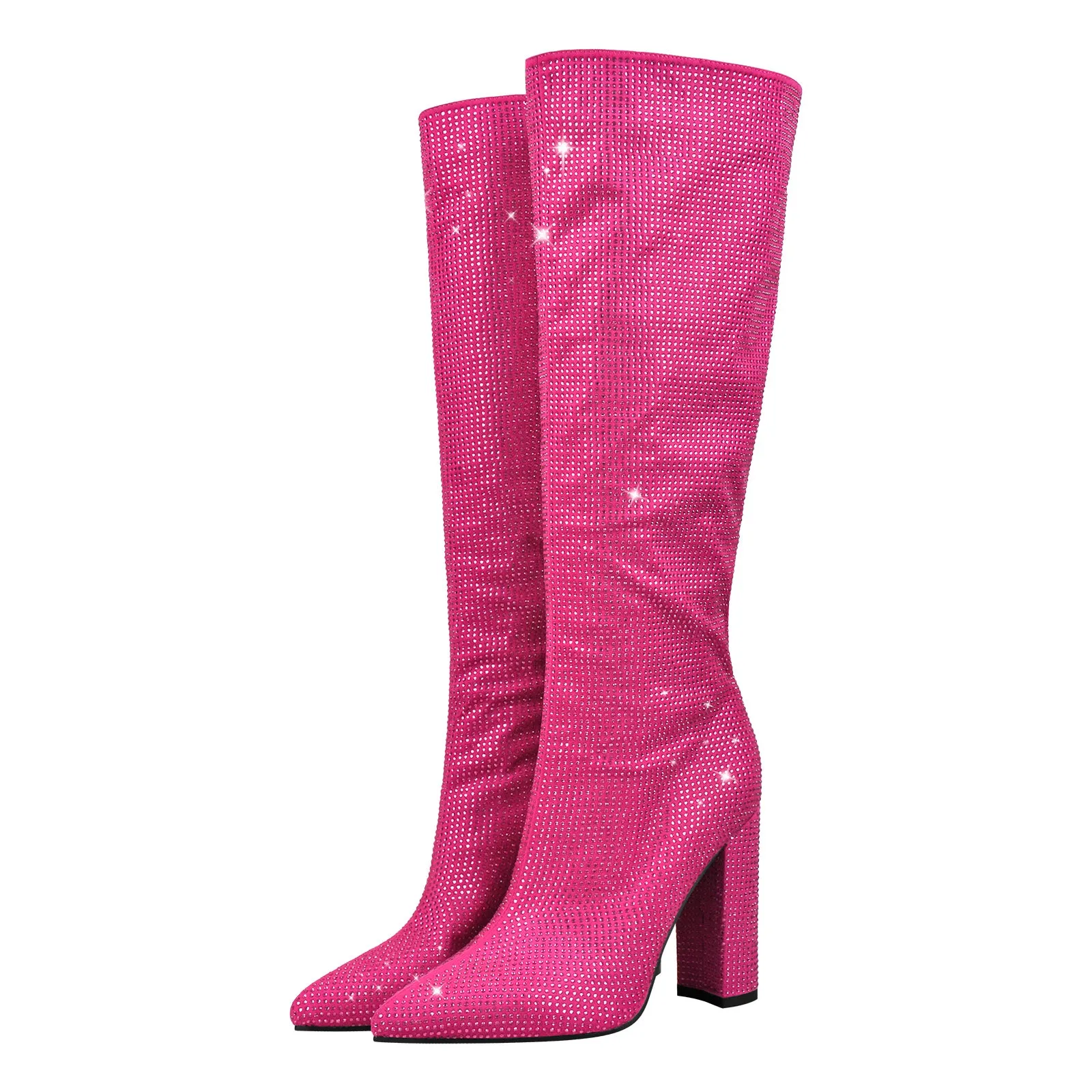 Rhinestone Chunky Heels Knee High Boots