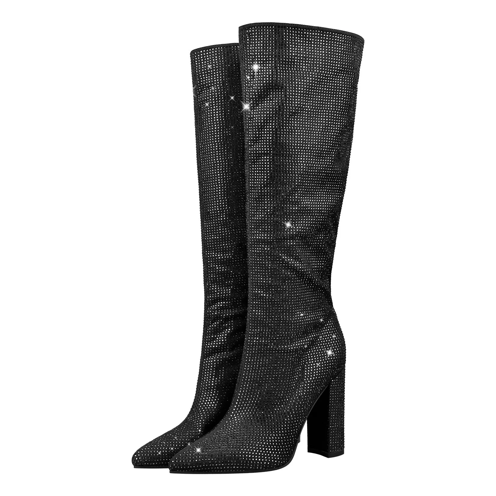 Rhinestone Chunky Heels Knee High Boots