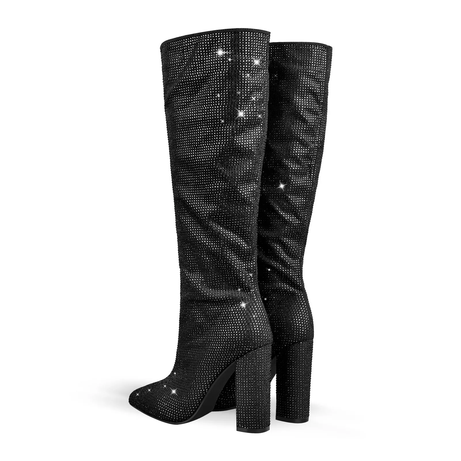 Rhinestone Chunky Heels Knee High Boots