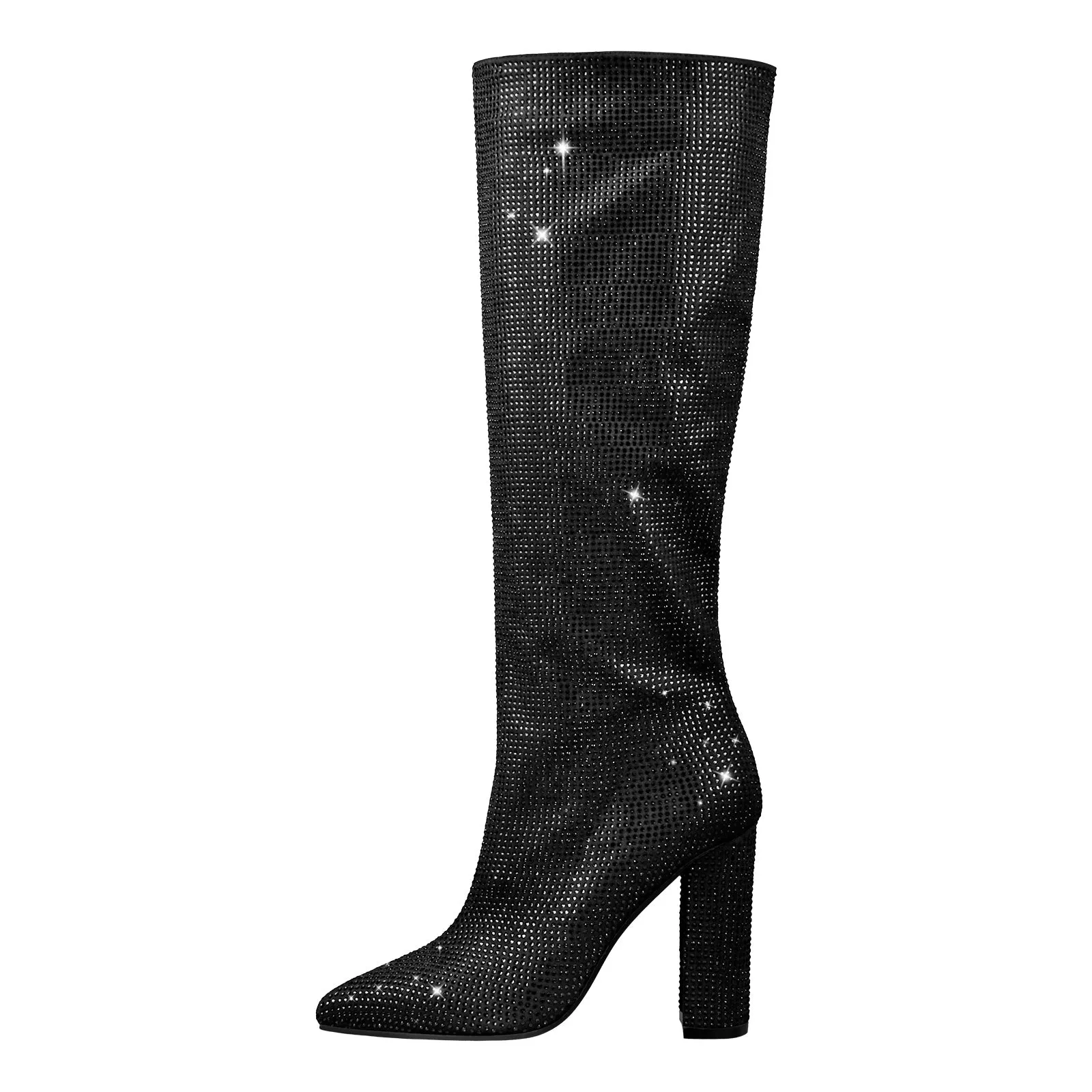 Rhinestone Chunky Heels Knee High Boots