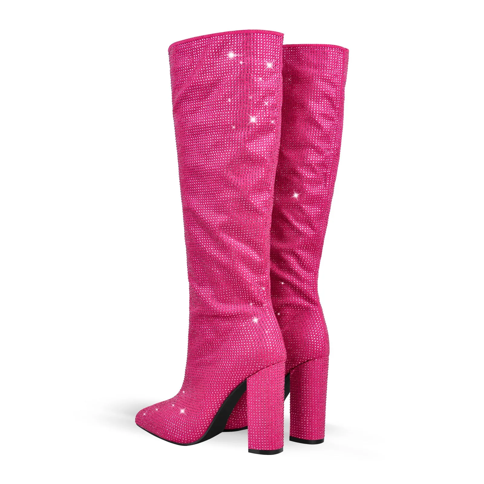 Rhinestone Chunky Heels Knee High Boots