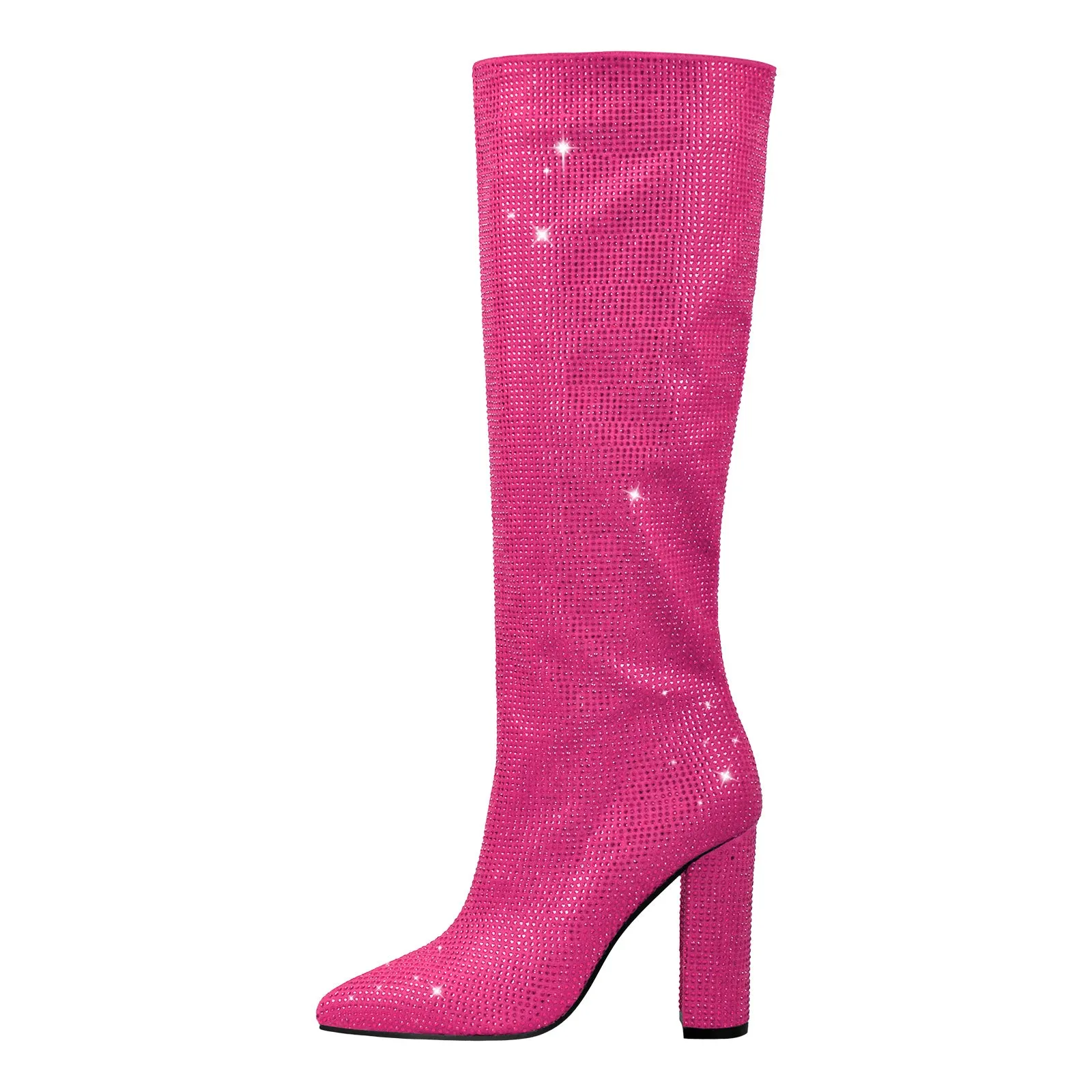 Rhinestone Chunky Heels Knee High Boots