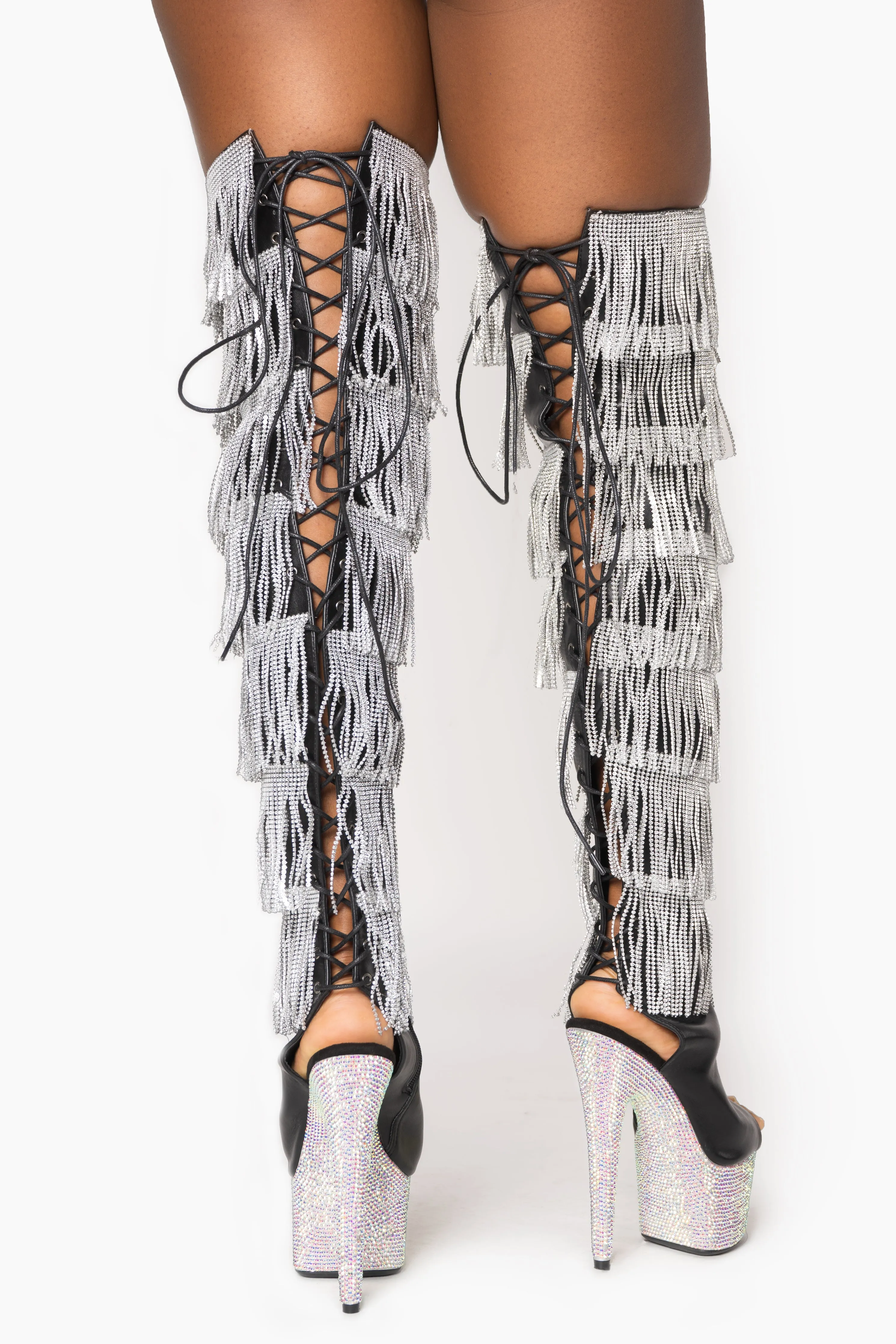 Rhinestone Fringe Thigh High Boots with Diamond Platform