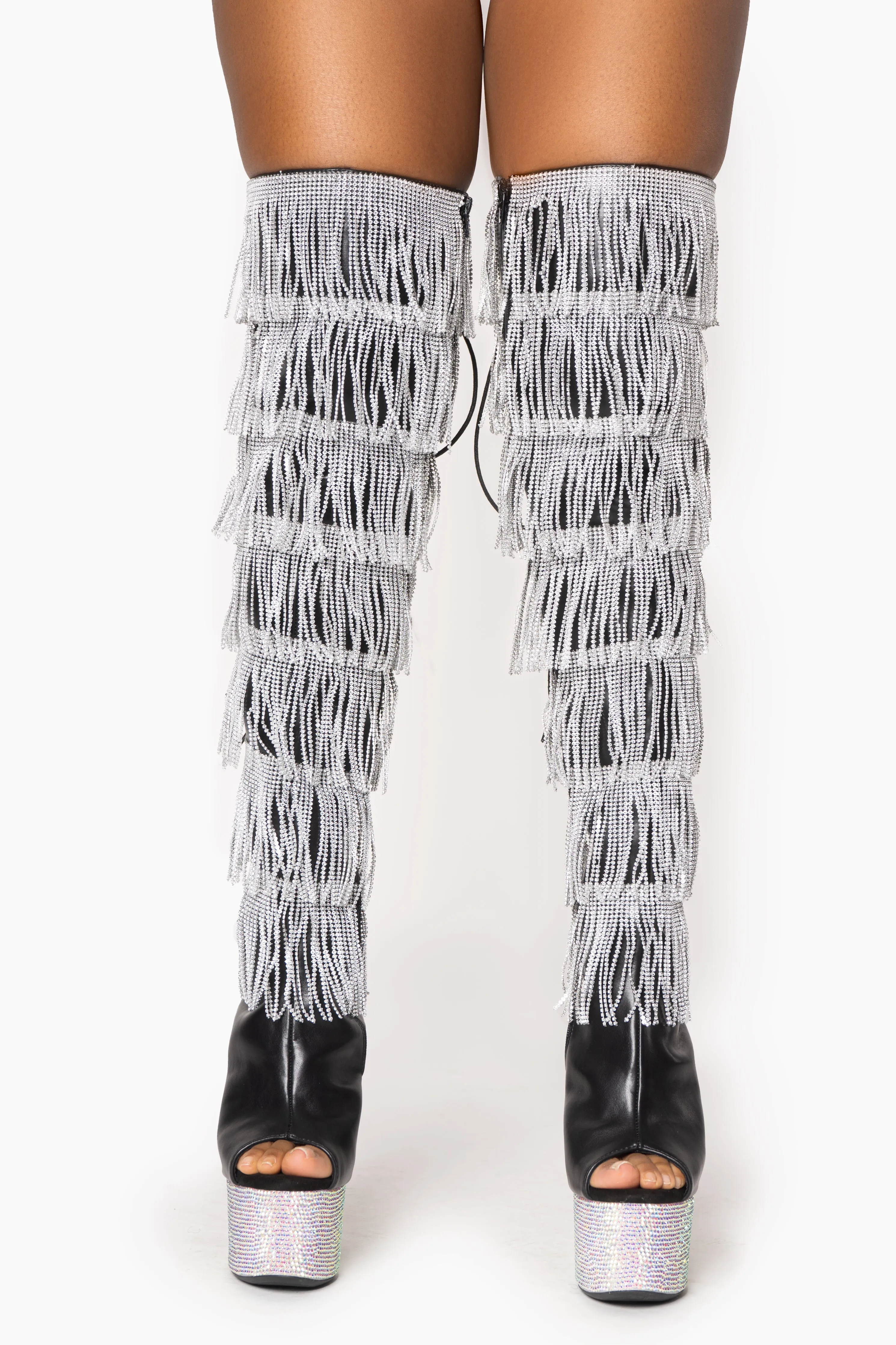 Rhinestone Fringe Thigh High Boots with Diamond Platform