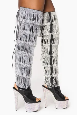 Rhinestone Fringe Thigh High Boots with Diamond Platform