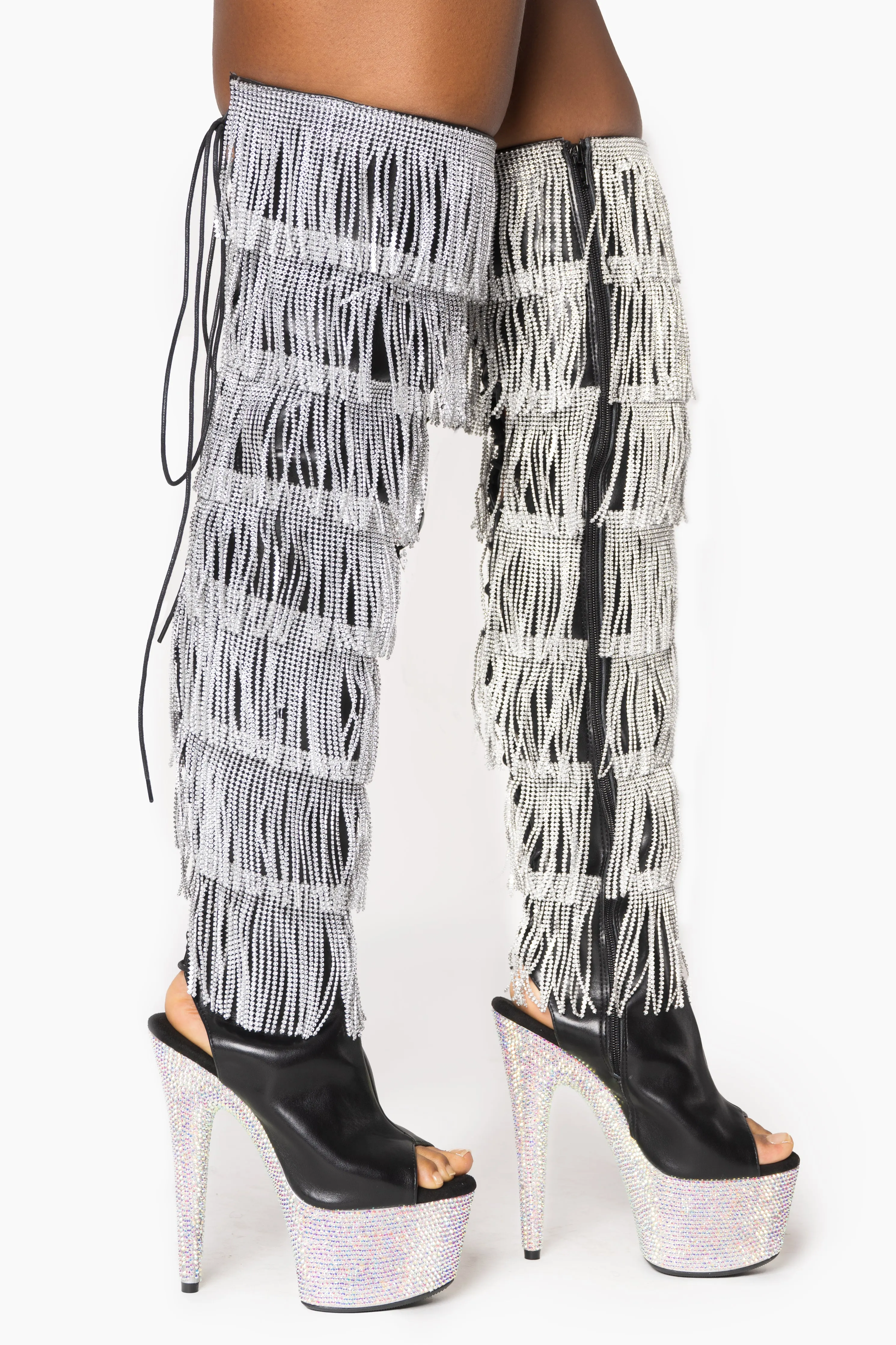 Rhinestone Fringe Thigh High Boots with Diamond Platform