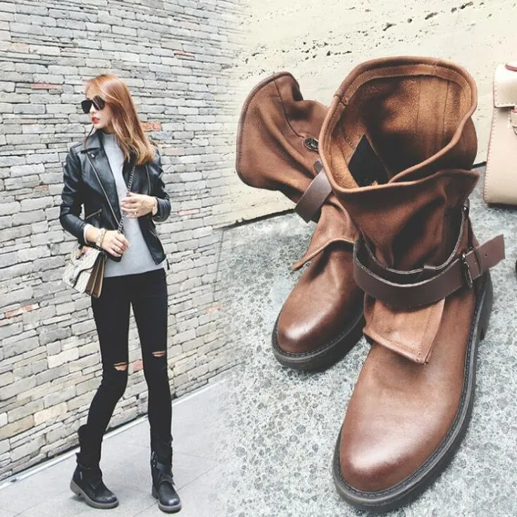 Round Toe Buckled Boots