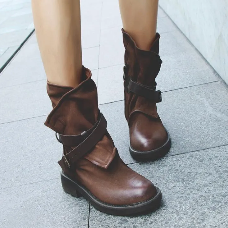Round Toe Buckled Boots