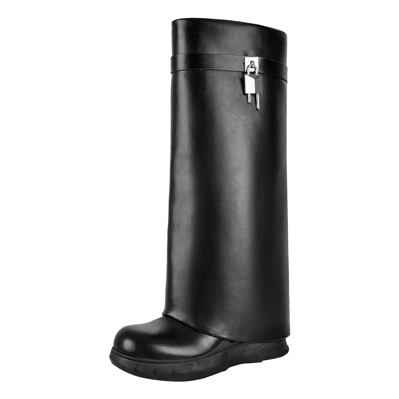 Round Toe Wedge Heel Fold Over Boots