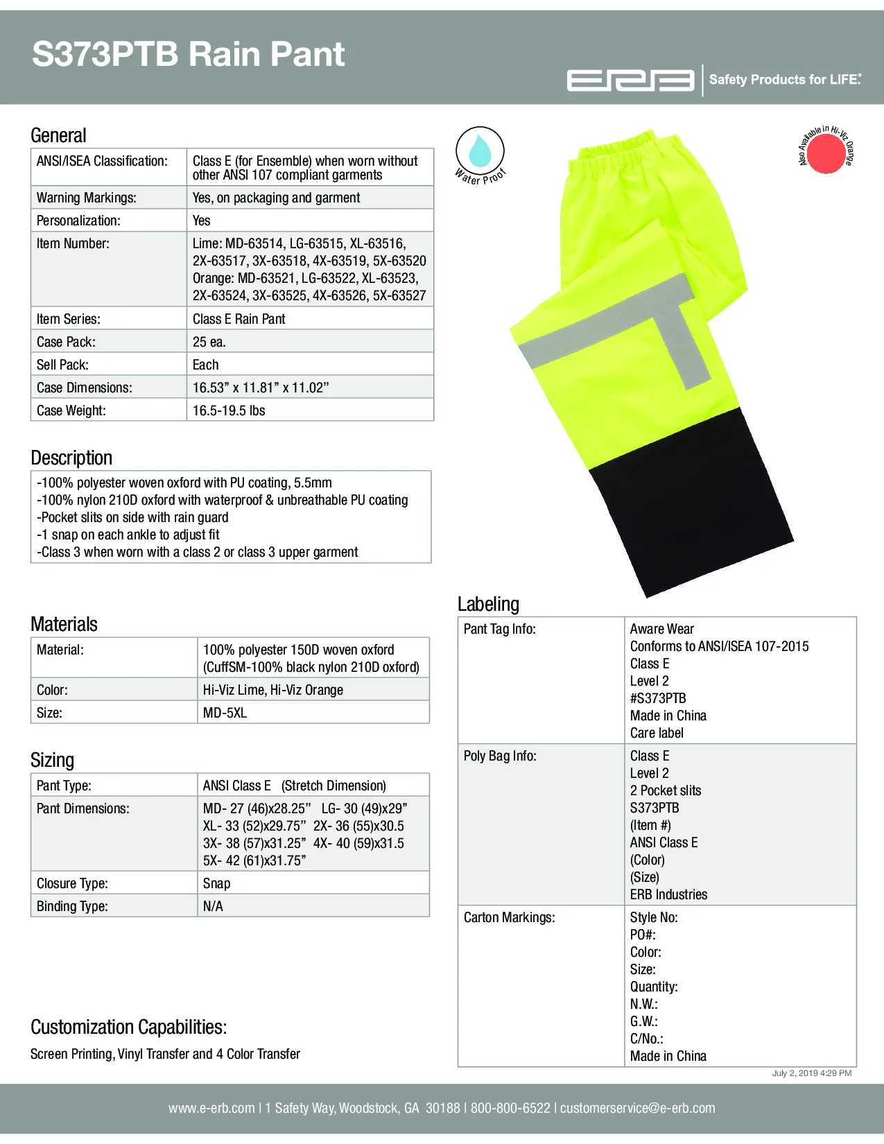 S373PTB Class E Rain Pants