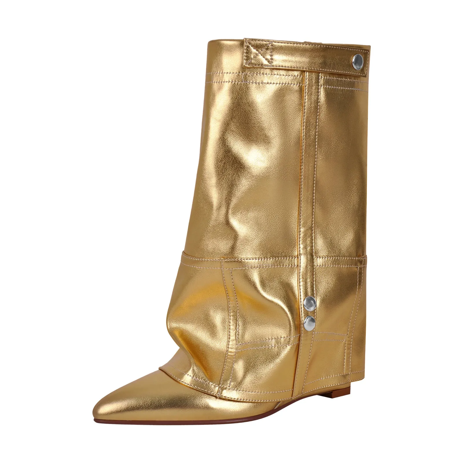 Silver Metallic Wedge Heel Fold Over Boots