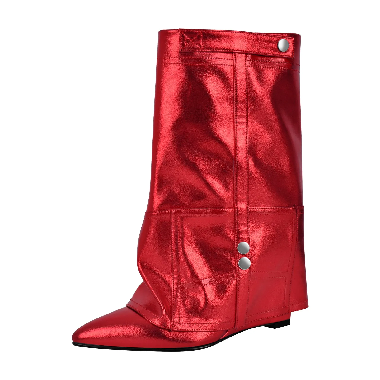 Silver Metallic Wedge Heel Fold Over Boots