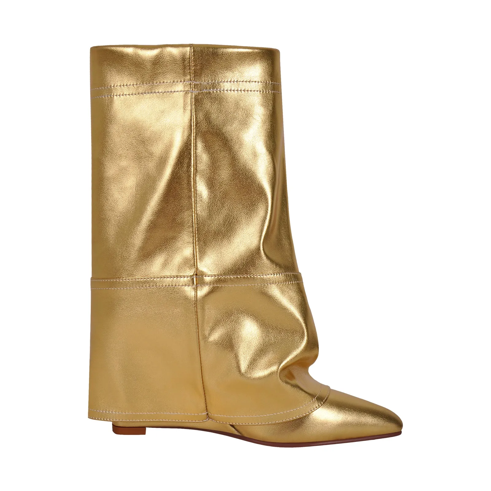 Silver Metallic Wedge Heel Fold Over Boots