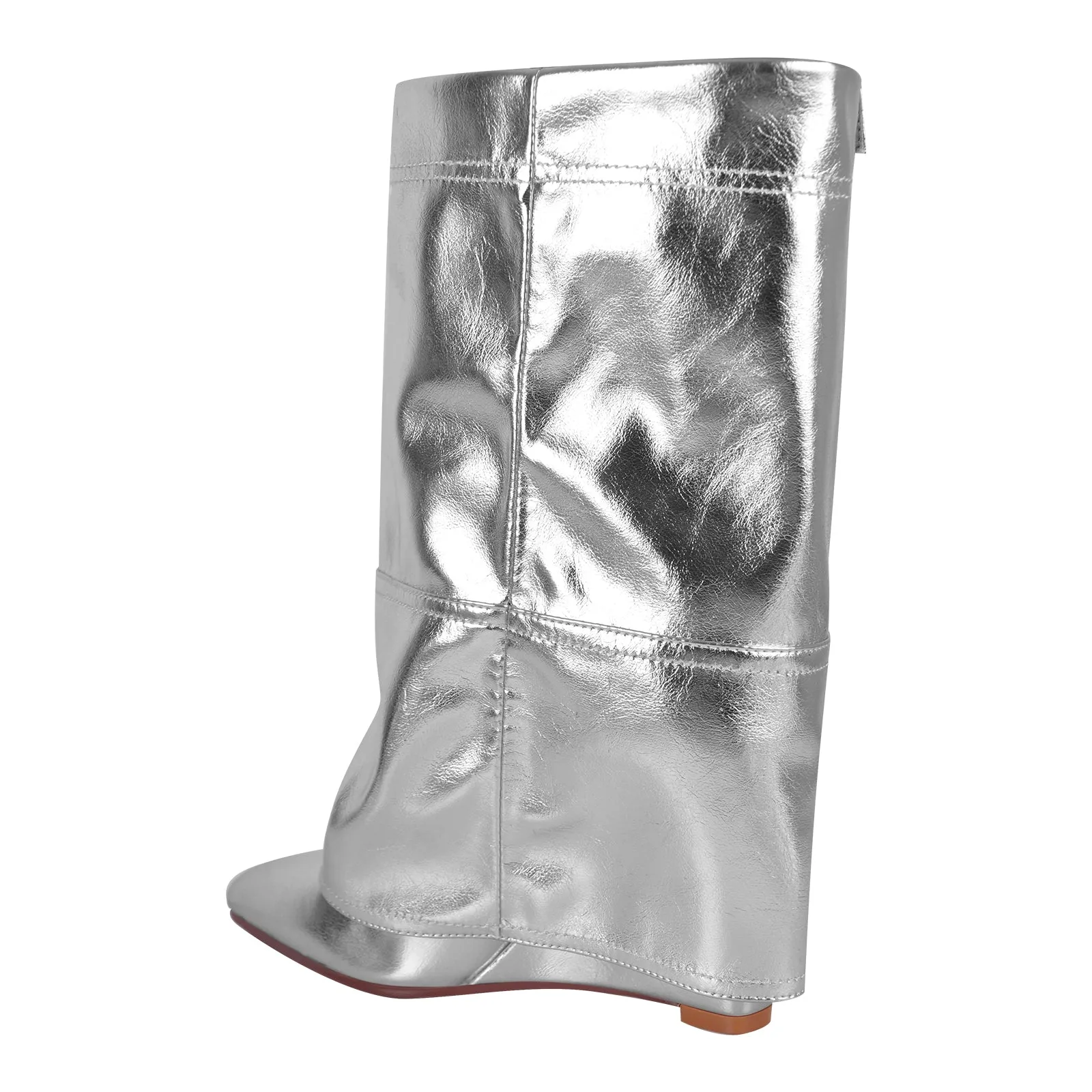 Silver Metallic Wedge Heel Fold Over Boots