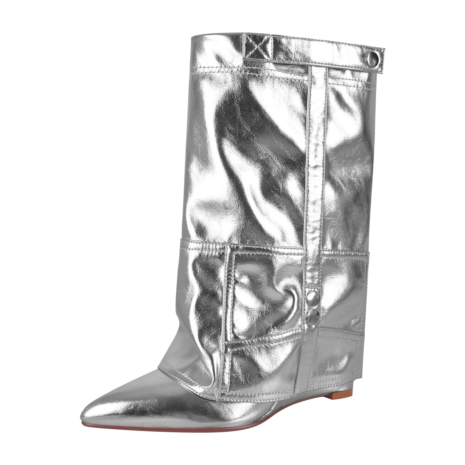 Silver Metallic Wedge Heel Fold Over Boots