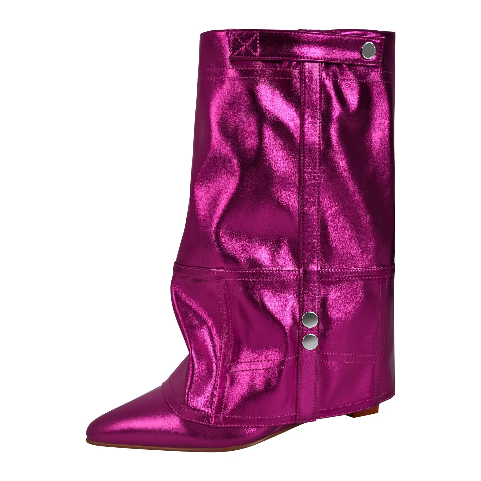 Silver Metallic Wedge Heel Fold Over Boots