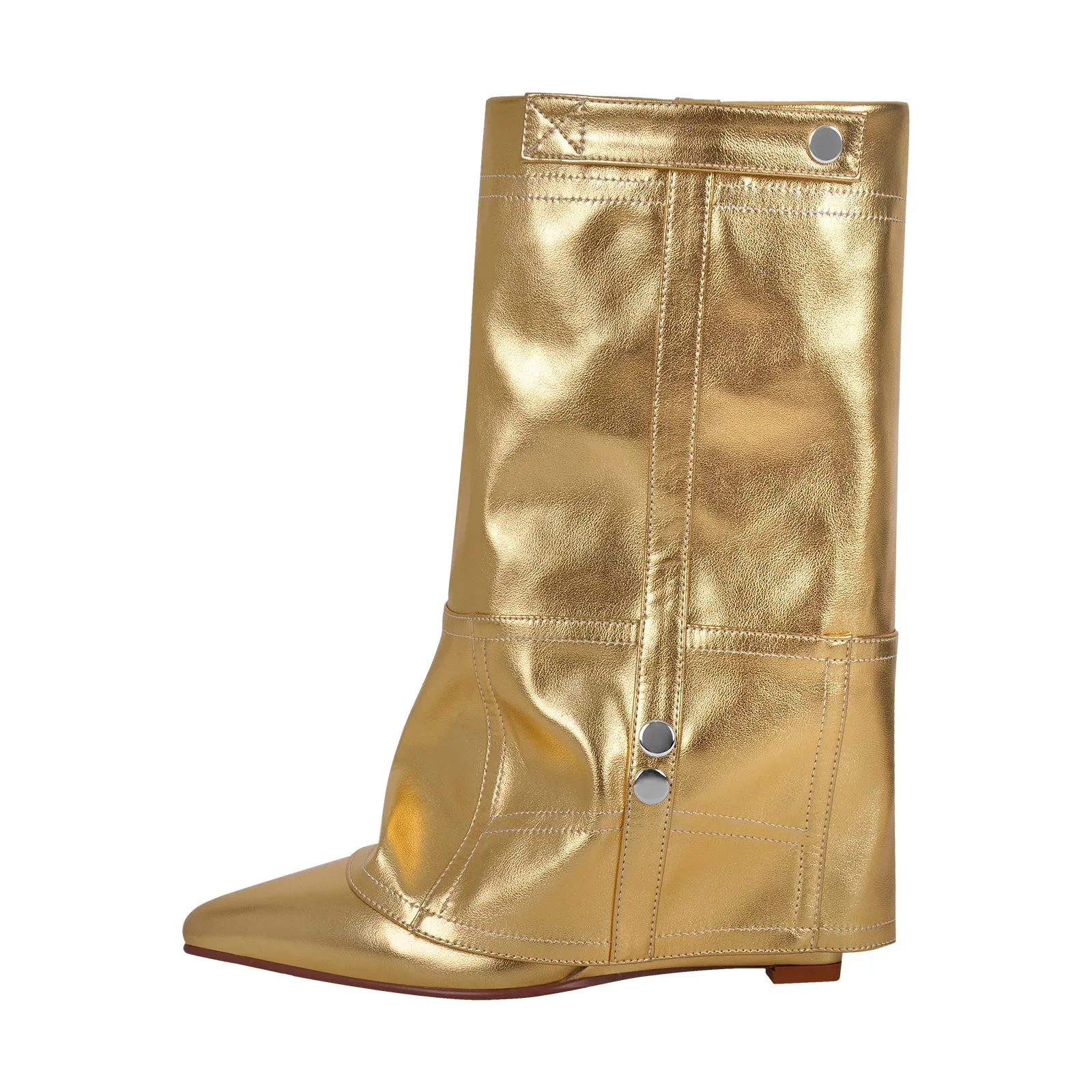 Silver Metallic Wedge Heel Fold Over Boots