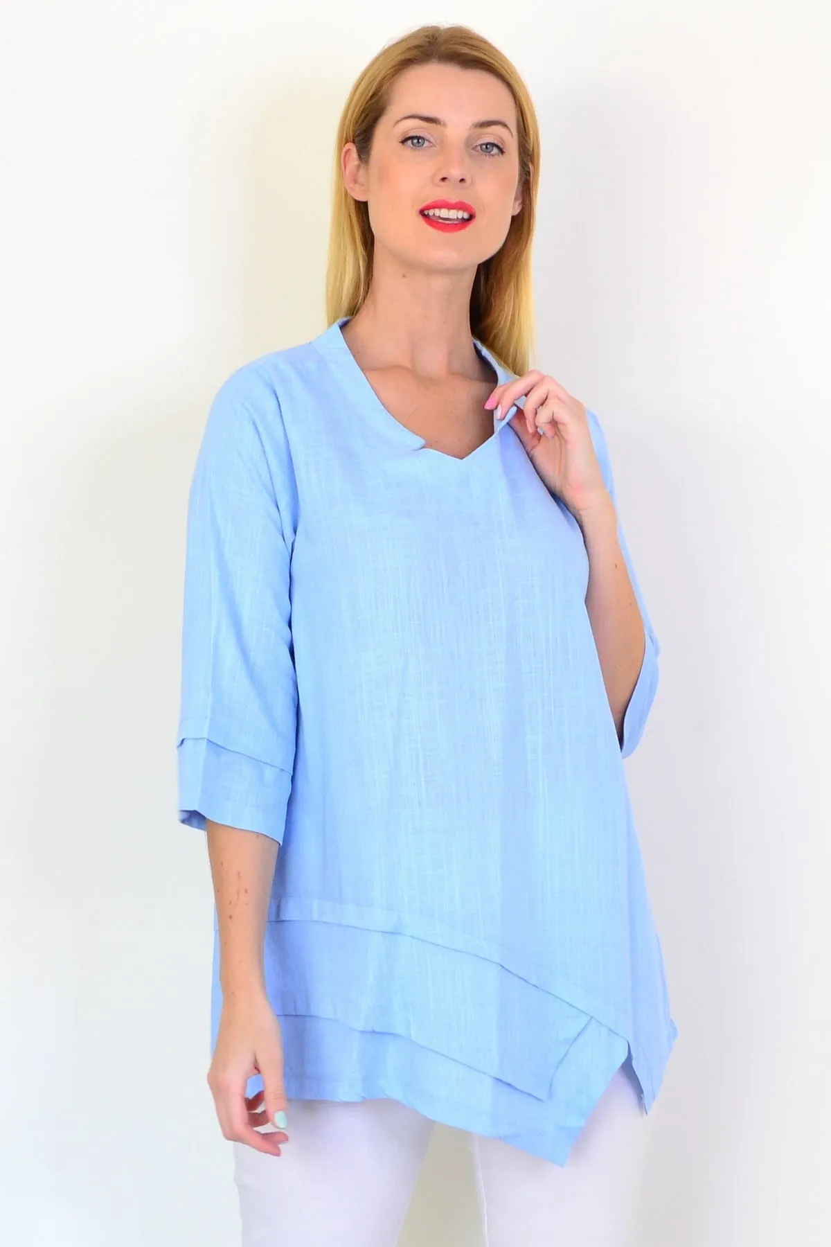 Sky Blue Linen Blend Tunic Top