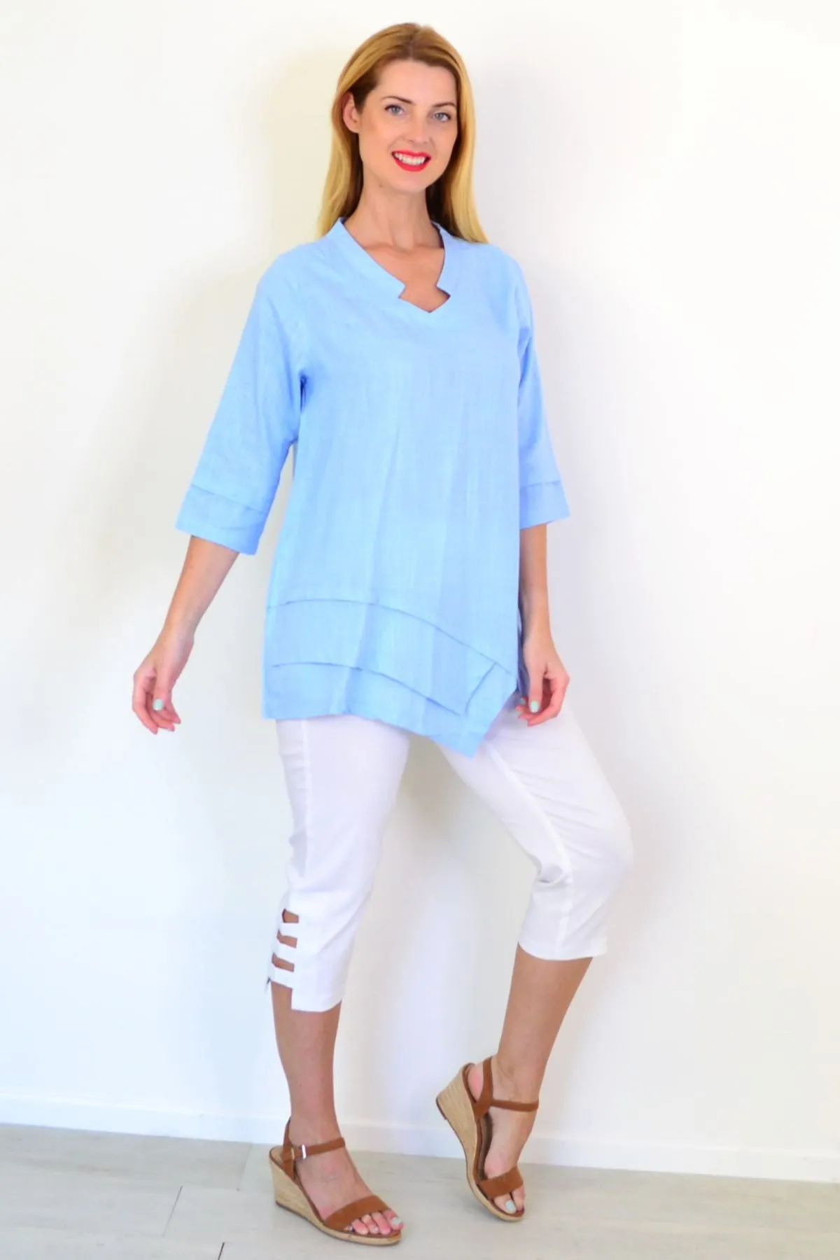 Sky Blue Linen Blend Tunic Top