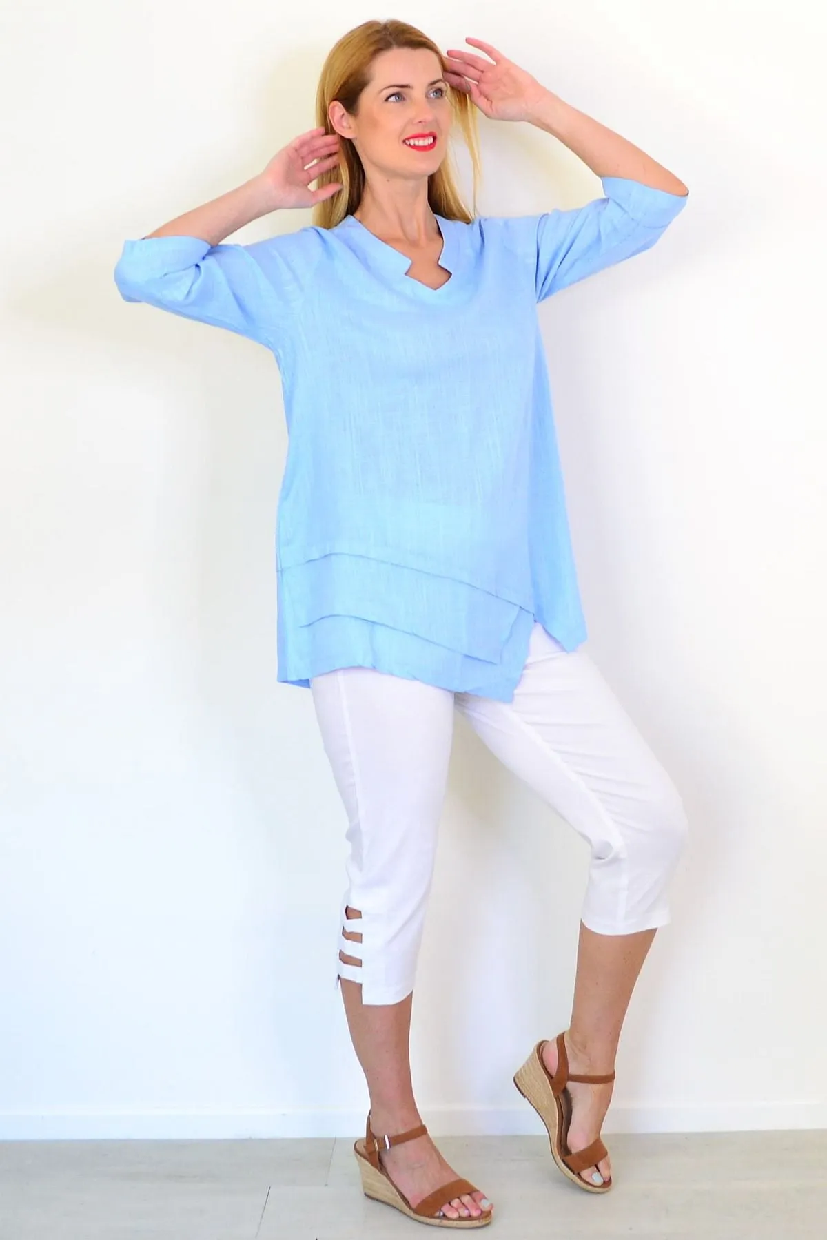 Sky Blue Linen Blend Tunic Top