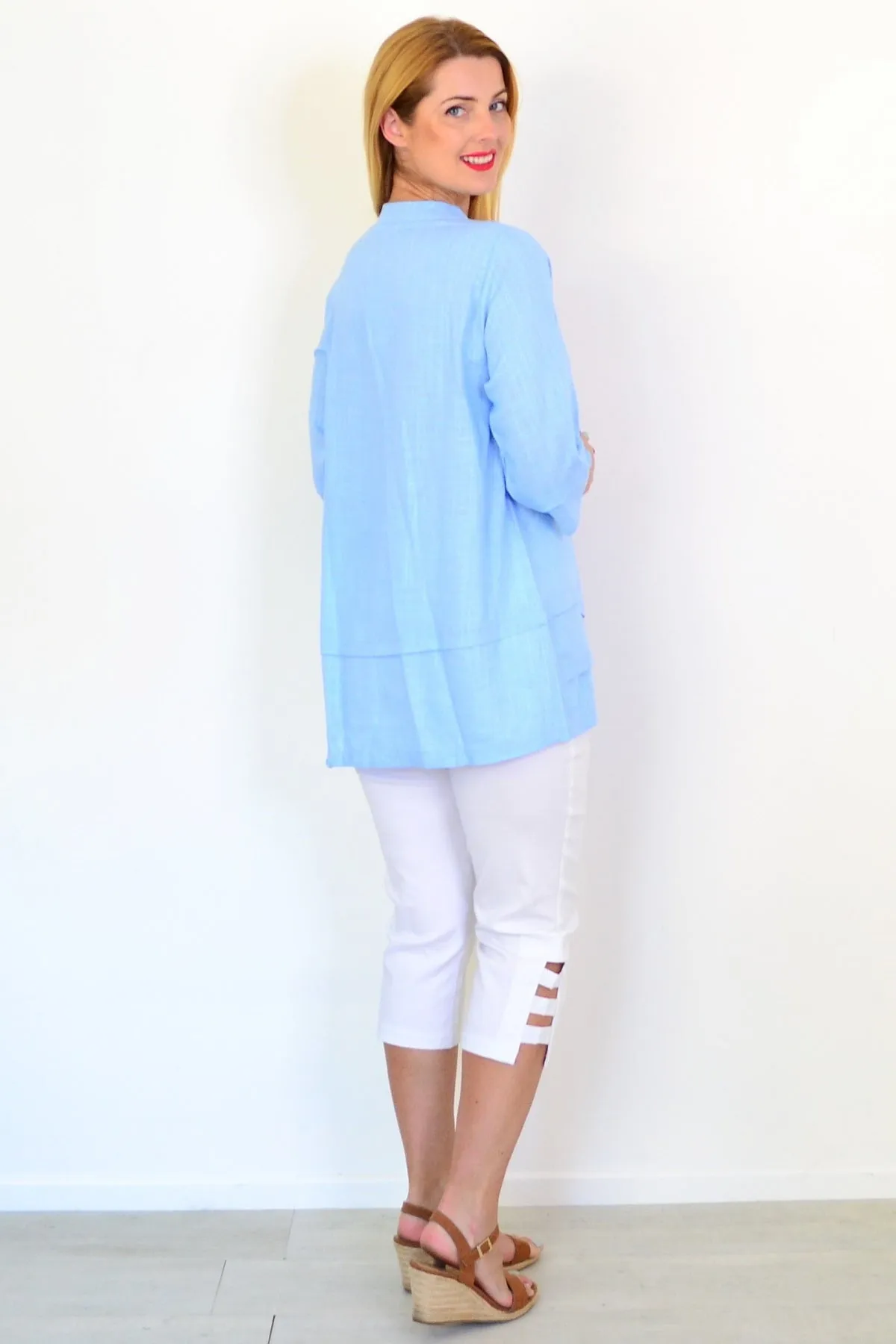 Sky Blue Linen Blend Tunic Top