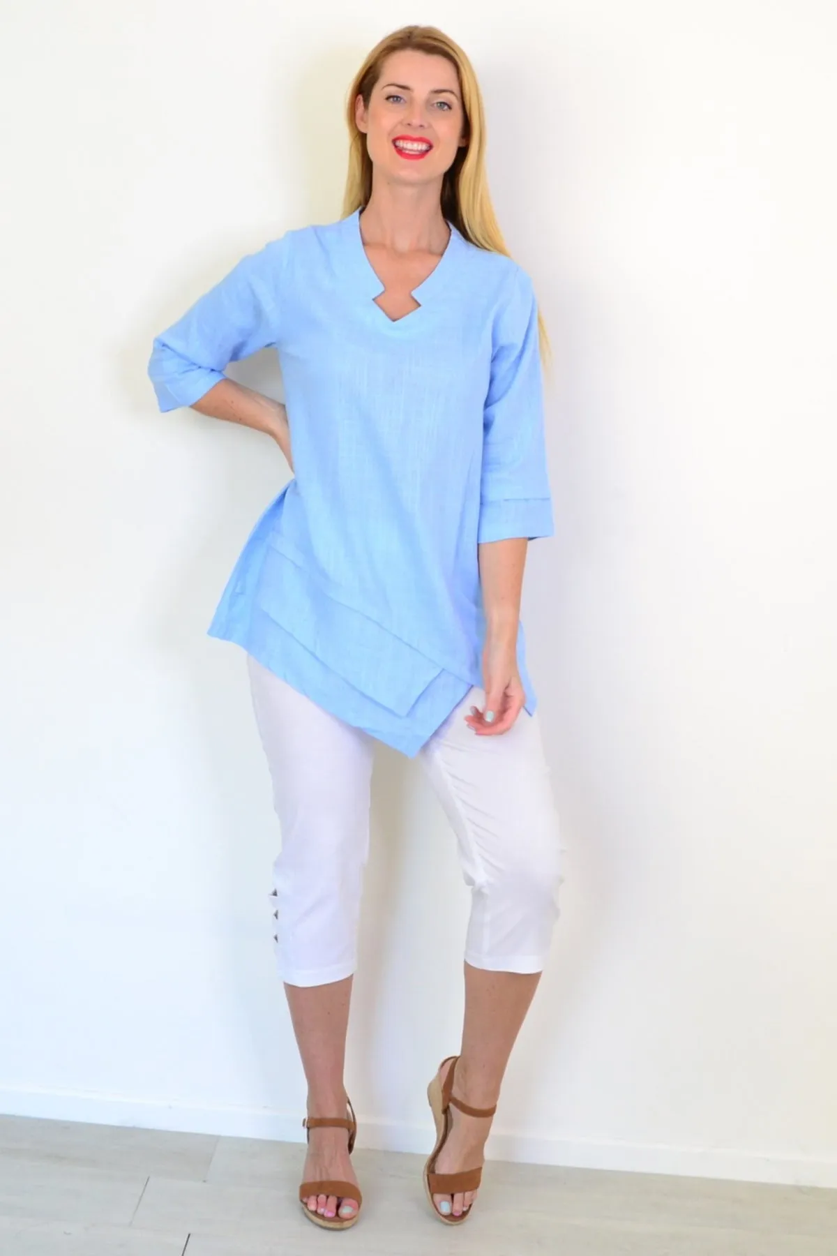 Sky Blue Linen Blend Tunic Top
