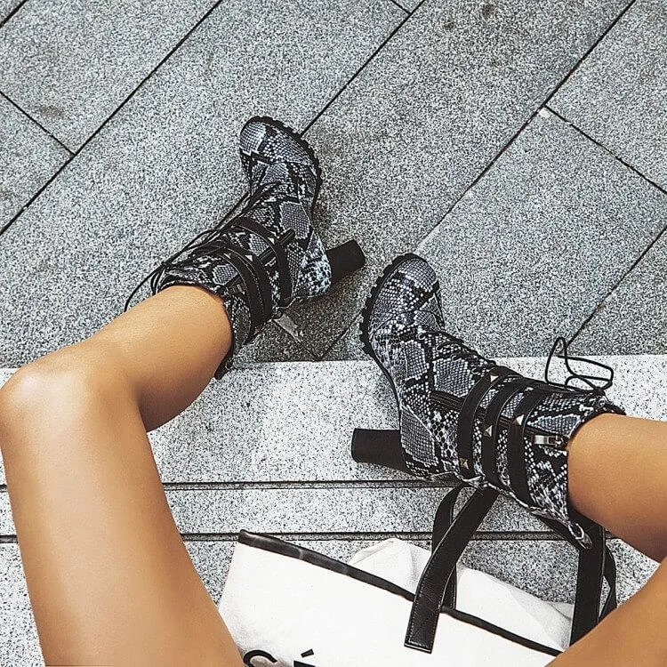 Snakeskin Lace Up High Heel Buckle Calf Boots