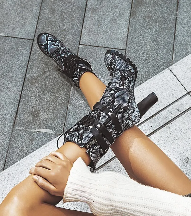 Snakeskin Lace Up High Heel Buckle Calf Boots