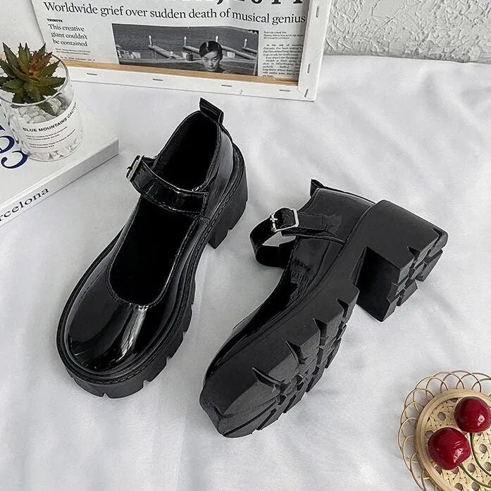 Solid Mary Jane Shoes, Lolita Leather Low Heels, Front Strap Buckle Creepers for Women, Round Toe Mary Janes, Black Patent Leather Shoes