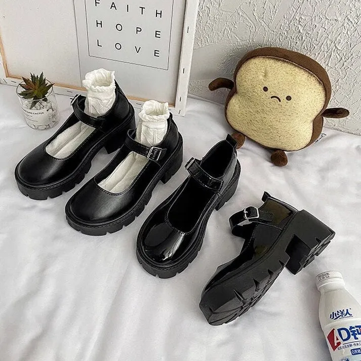 Solid Mary Jane Shoes, Lolita Leather Low Heels, Front Strap Buckle Creepers for Women, Round Toe Mary Janes, Black Patent Leather Shoes