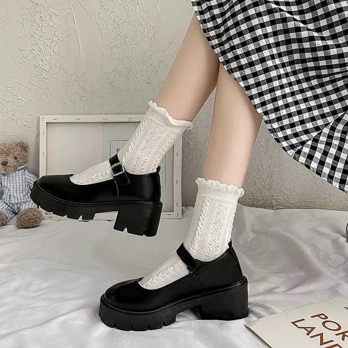 Solid Mary Jane Shoes, Lolita Leather Low Heels, Front Strap Buckle Creepers for Women, Round Toe Mary Janes, Black Patent Leather Shoes