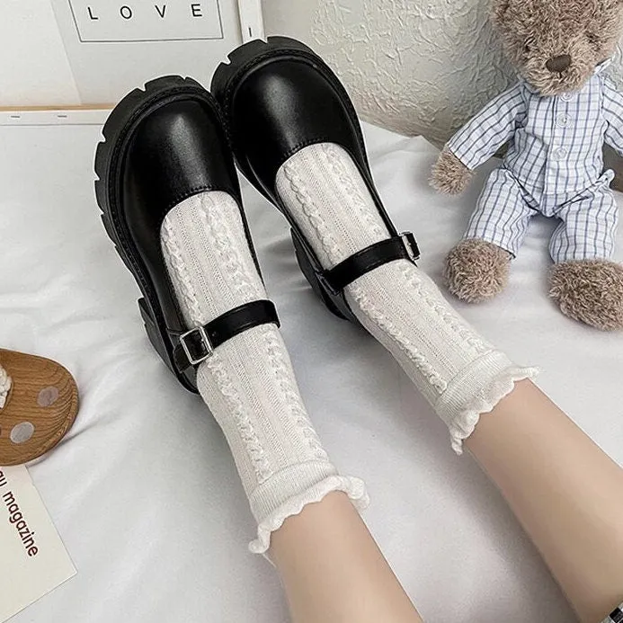 Solid Mary Jane Shoes, Lolita Leather Low Heels, Front Strap Buckle Creepers for Women, Round Toe Mary Janes, Black Patent Leather Shoes