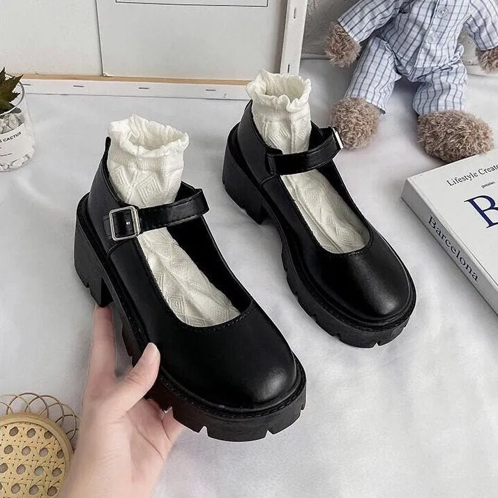 Solid Mary Jane Shoes, Lolita Leather Low Heels, Front Strap Buckle Creepers for Women, Round Toe Mary Janes, Black Patent Leather Shoes