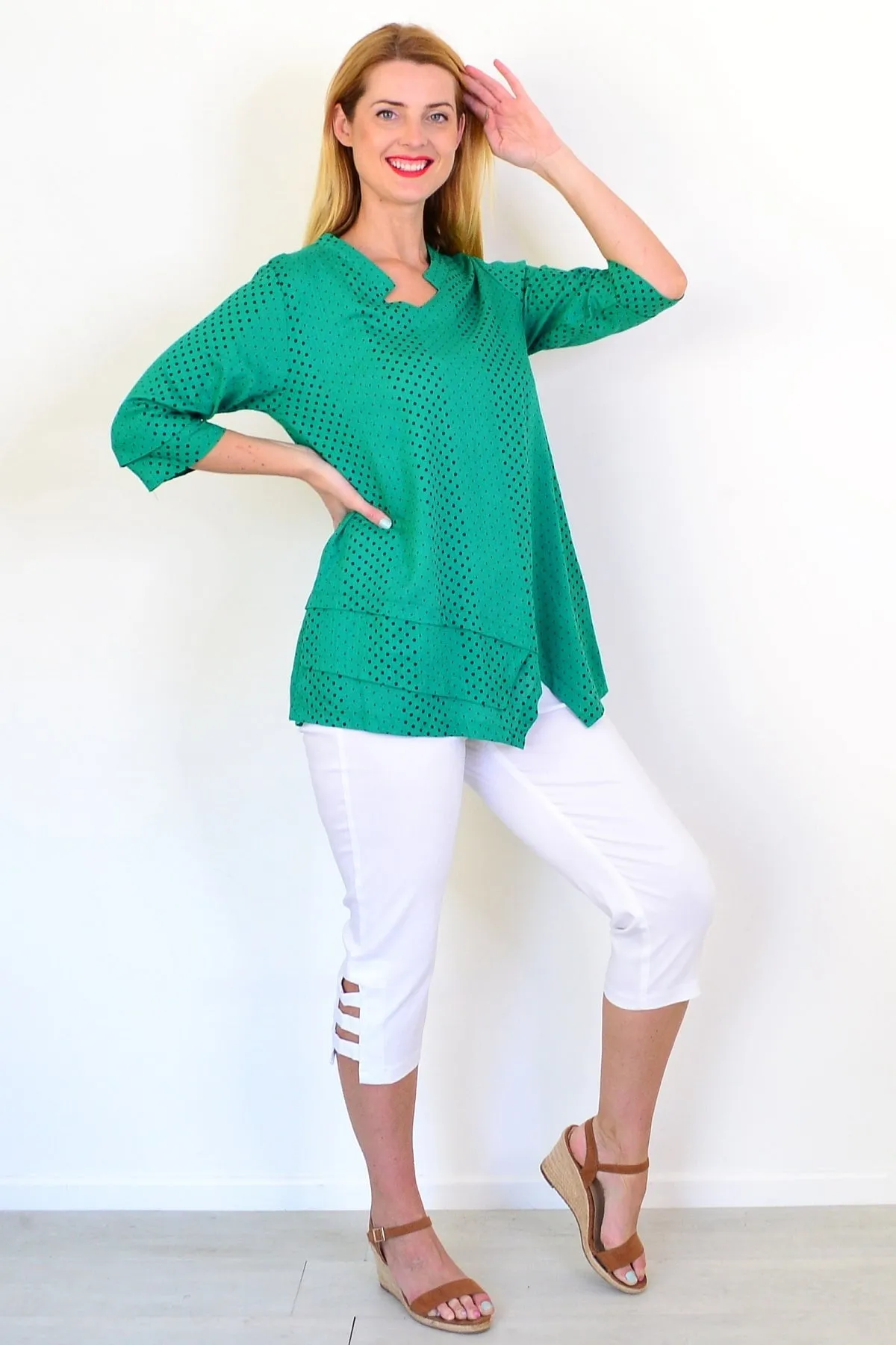 Spotted Green Linen Blend Tunic Top