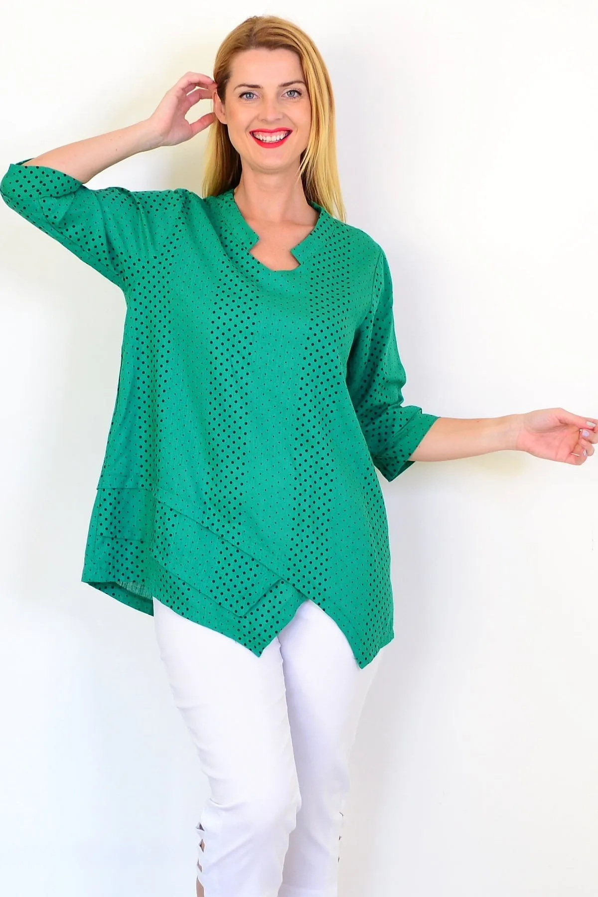 Spotted Green Linen Blend Tunic Top
